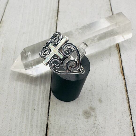 Lab Opal Cross Sterling Silver Ring - Picture 4 of 7
